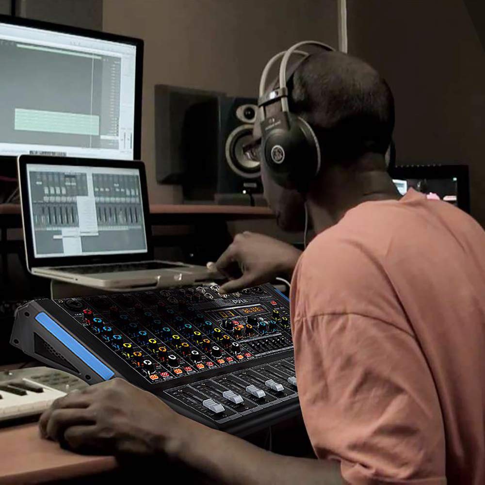 Pyle 6-Channel Console Style Audio Mixer with Bluetooth - DJ Sound Controller, 4 XLR / Combo Inputs, Sub Out, +48V Phantom, USB-A In, 16 DSP Effects, MP3 Player, 7-Band EQ - PMXU67BT