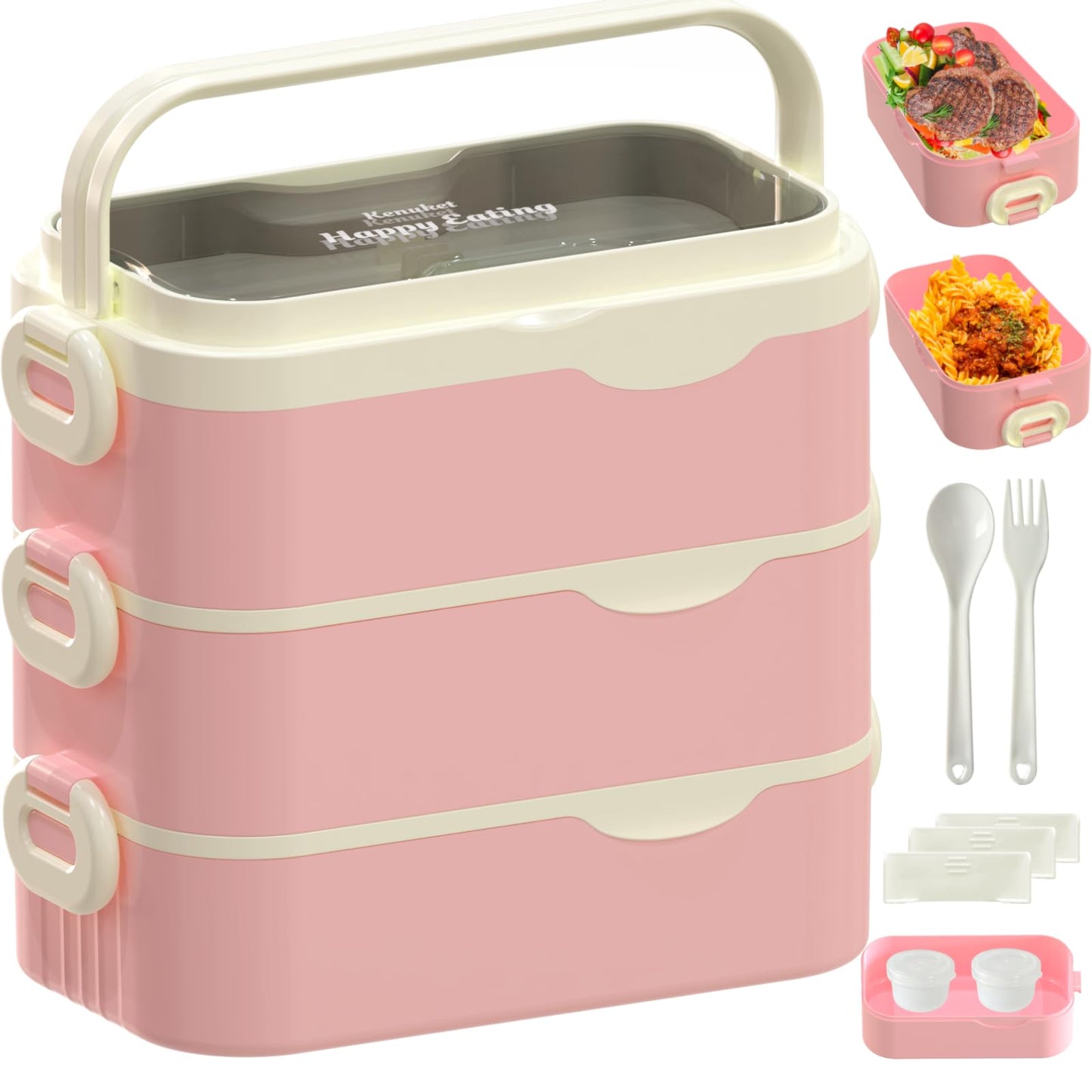 Kenuket Bento Box Adult Lunch Box, Stackable 3 Layers Large Capacity Lunch Containers, Microwave and Dishwasher Safe Food Grade Containers with Utensils, Dividers and Sauce Boxes for Men, Women, Kids