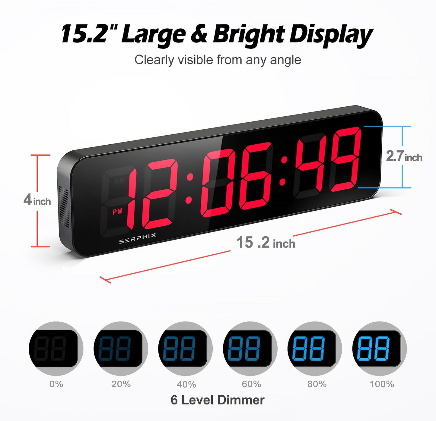 SERPHIX 15.2" Gym Timer, App & Remote Control, Customizable LED Colors, Workout Interval Timer Stopwatch Countdown Large Digital Wall Clock for Home Gym