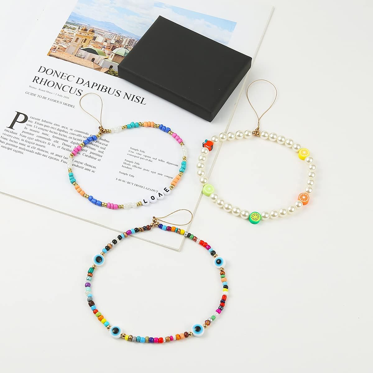 6PCS Taouzi Beaded Phone Charms Strap Fruit Star Faux Pearl Rainbow Beads Phone Chains Beaded Lanyard for Camera Key