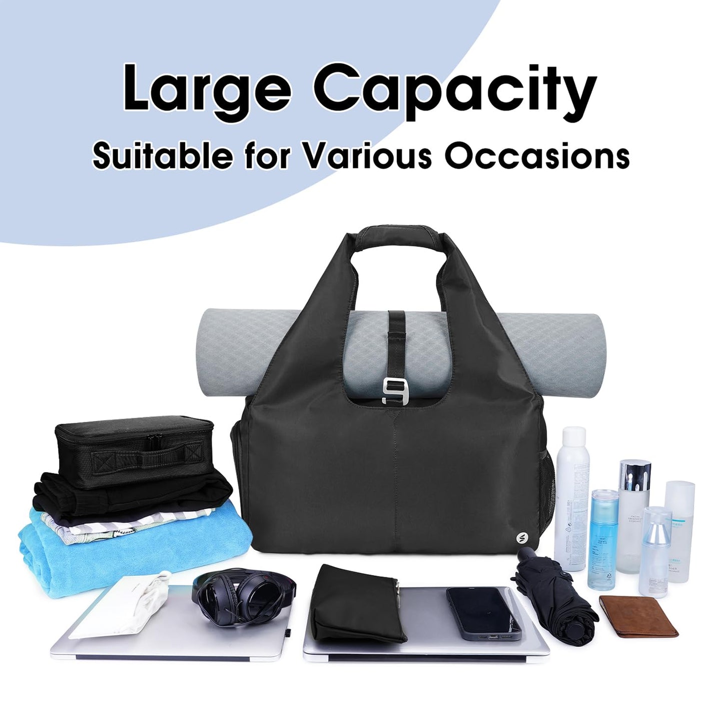 sportsnew Yoga Gym Bags for Women with Shoes Compartment and Wet Dry Storage Pockets with Adjustable Yoga Mat Holder, Black