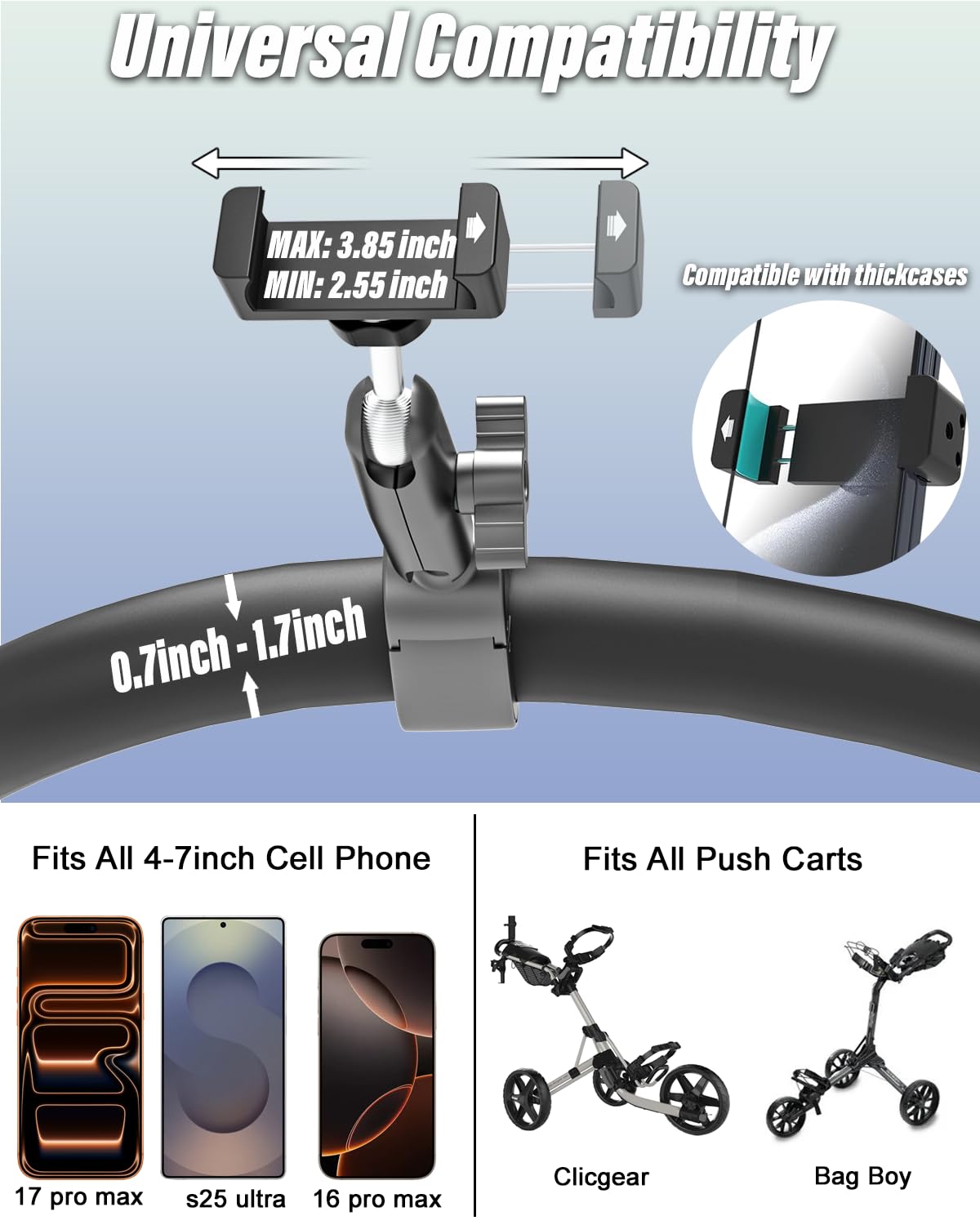 Charchendo [No-Shake] Golf Push Cart Phone Holder - Wide 0.7" Deep Clamp for Thick Case Smartphones - Mounts to 0.7"-1.78" Handlebars - Fits 4-7" Cell Phones for Clicgear, Sun Mountain, Caddytek
