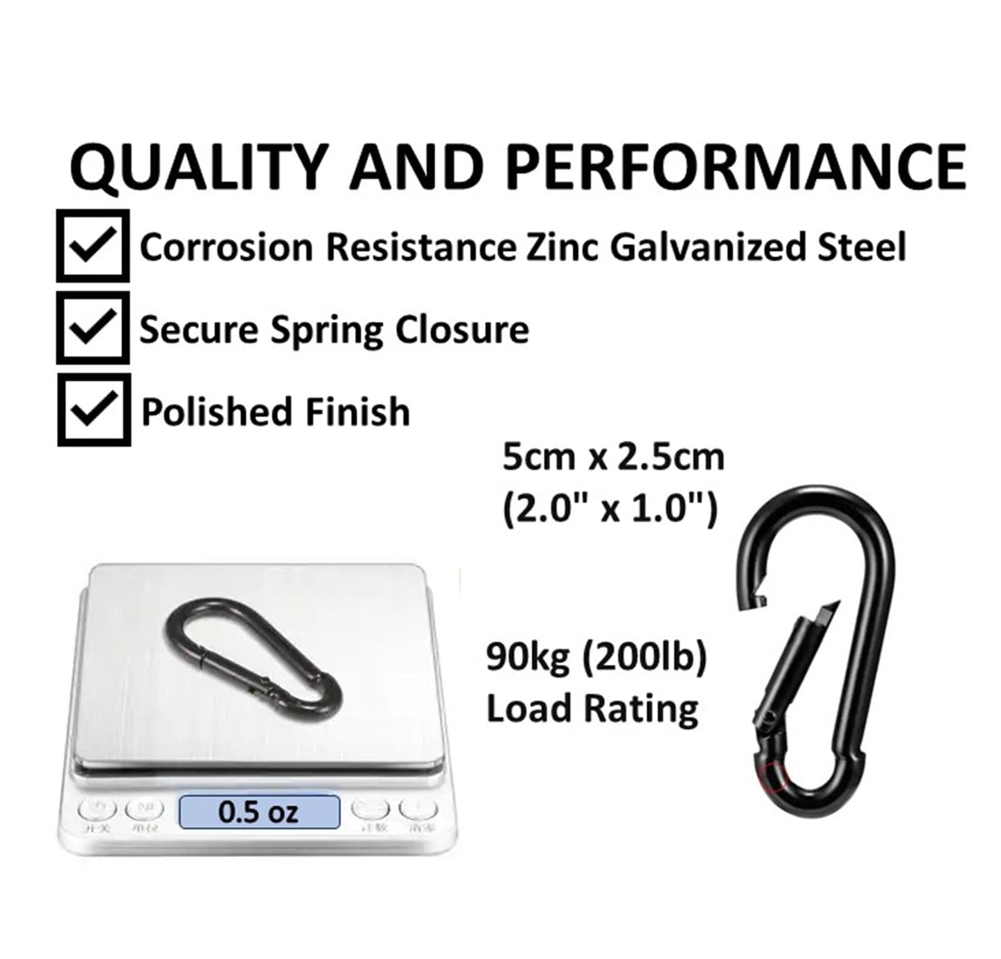 Branded Boards Black & Silver Zinc-Galvanized Heavy Duty Bushcraft Carabiner Spring Snap Clip Link Hooks 200-500lb Load 2, 6 & 12 Packs (Black-5cm-6 Pack)