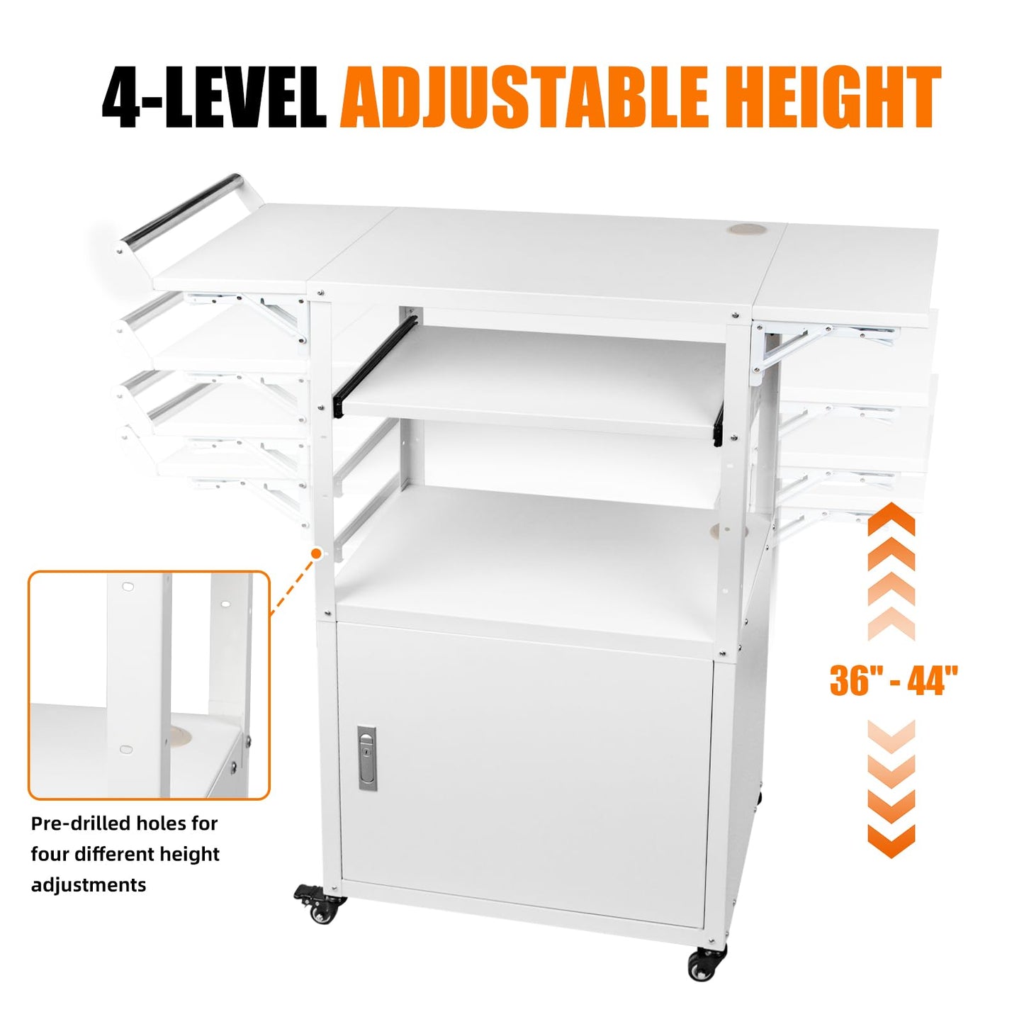 Large Steel AV Cart with Wheels and Drop Leaves, Height Adjustable AV Cart with Locking Cabinet and Power Strips, Rolling Computer Workstation with Pullout Keyboard Tray for Office & Classroom