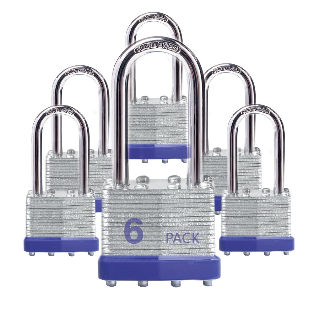 Lock Outdoor Padlocks, Key Lock, Padlocks with Same Key - Laminated Steel Keyed Padlocks with Long Shackle, 6 Pack, for Hasp Latch, Sheds, Fences, Storage Locker, School, Gym