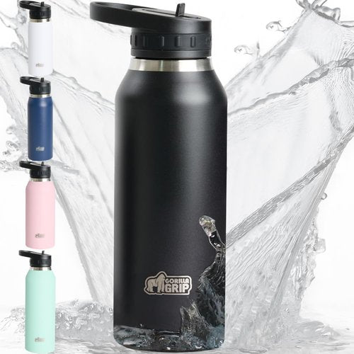 GORILLA GRIP Heavy Duty Insulated Water Bottle, 40 oz, Leakproof Flip Straw, Stainless Steel Wall Keeps Drink Cold Up to 8 Hours, Dent Resistant Tumbler, BPA-Free Travel Bottles, Dishwasher Safe Black