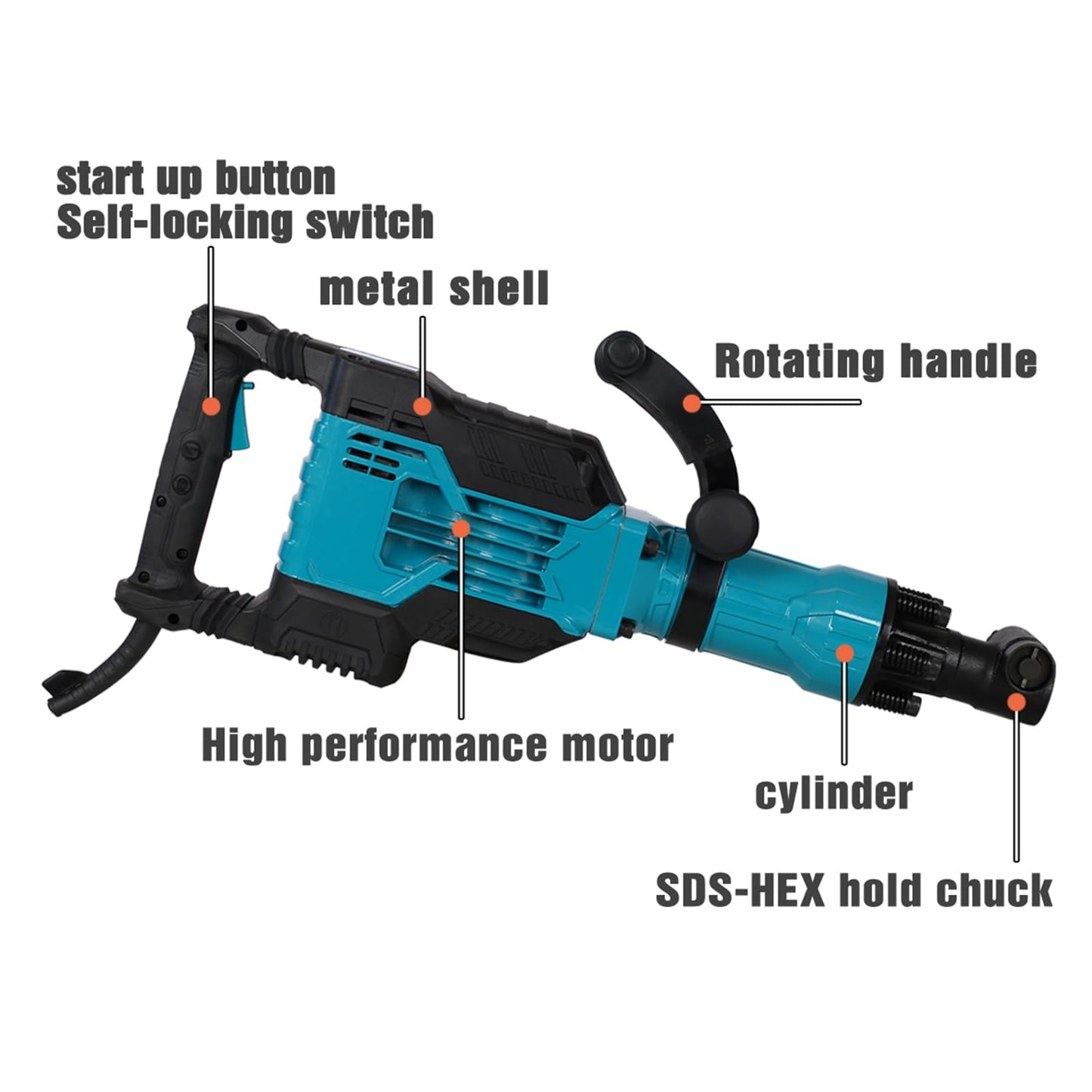 1700W Demolition Jack Hammer 1900 BPM 1-1/8'' Aluminum Alloy Jack Hammer Concrete Breaker SDS-Hex Heavy Duty Electric Demo Chipping Hammer Concrete/Pavement Breaker with Carrying Case