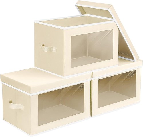 Homsorout Storage Bins - Collapsible Fabric Organizers with Lids | Small Beige Bins for Clothes & Towels (3 Pack)
