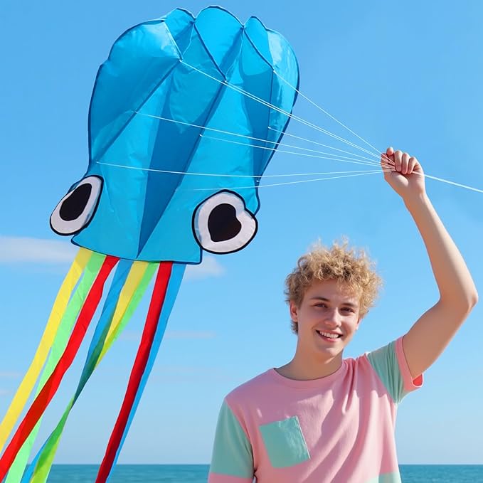 Xida Octopus Kite for Kids Ages 4-8, Professional Kites for Beginners and Adults, Easy to Fly Beach Kites for Boys and Girls, Long Colorful Tail with 200ft Line, Large Kite for Outdoor Family Games