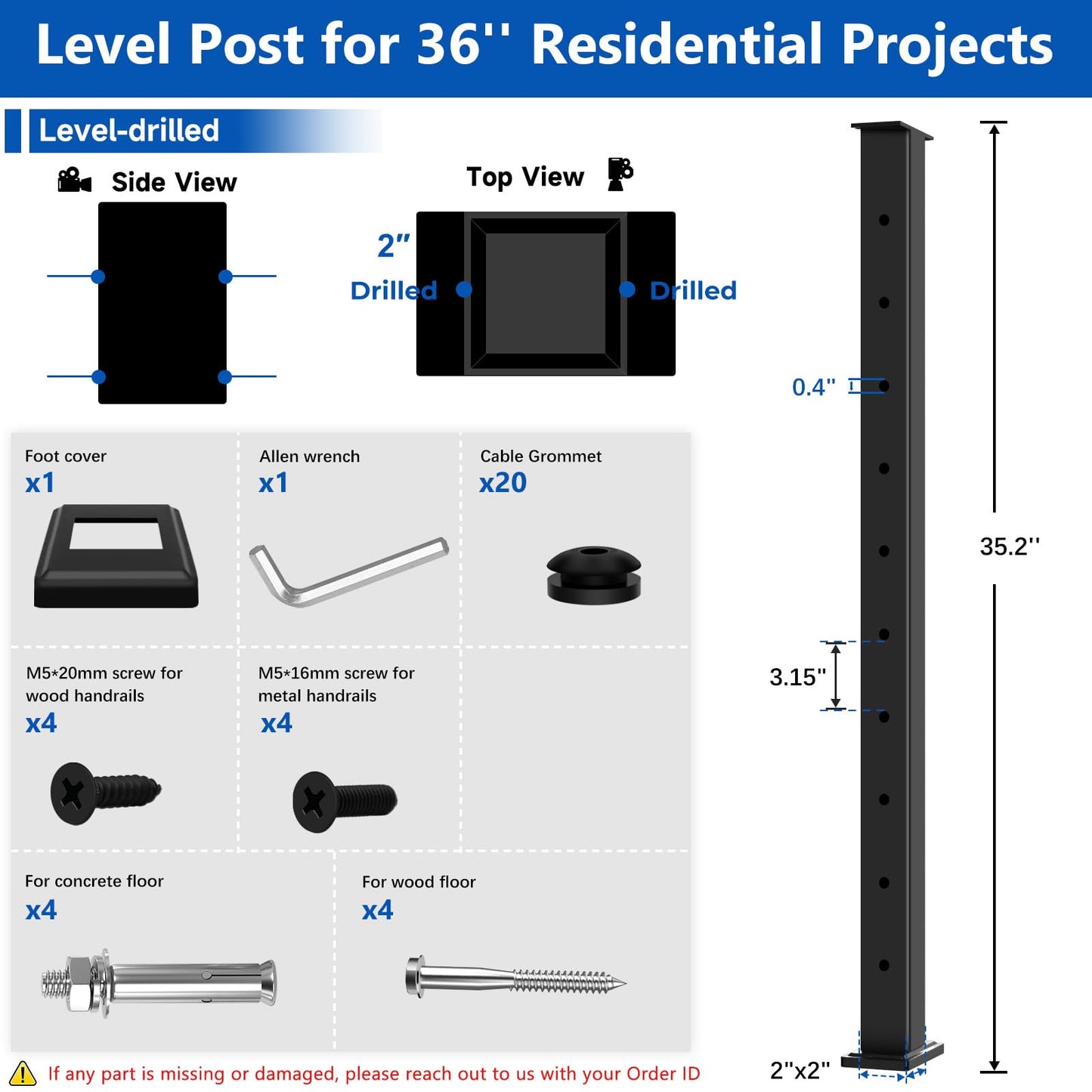 Zylorix 36" Swageless Level Cable Railing Post for Deck Cable Railing, T304 Stainless Steel Surface Mount 180° Drilled Deck Post with Upgraded Black Powder Coating for Indoor Outdoor Porch
