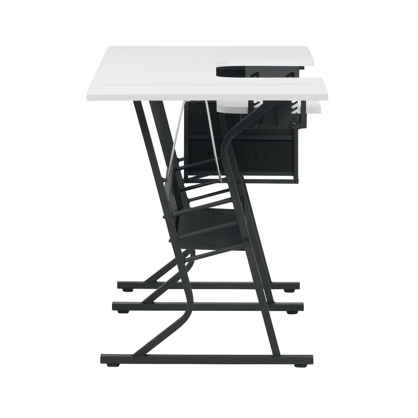 Sew Ready Eclipse Hobby Sewing Table, 60.25 x 23.75" Overall Platform Size with Large Lower Storage Drawer, 2 Side Shelves & Cloth Drawer, Black/White