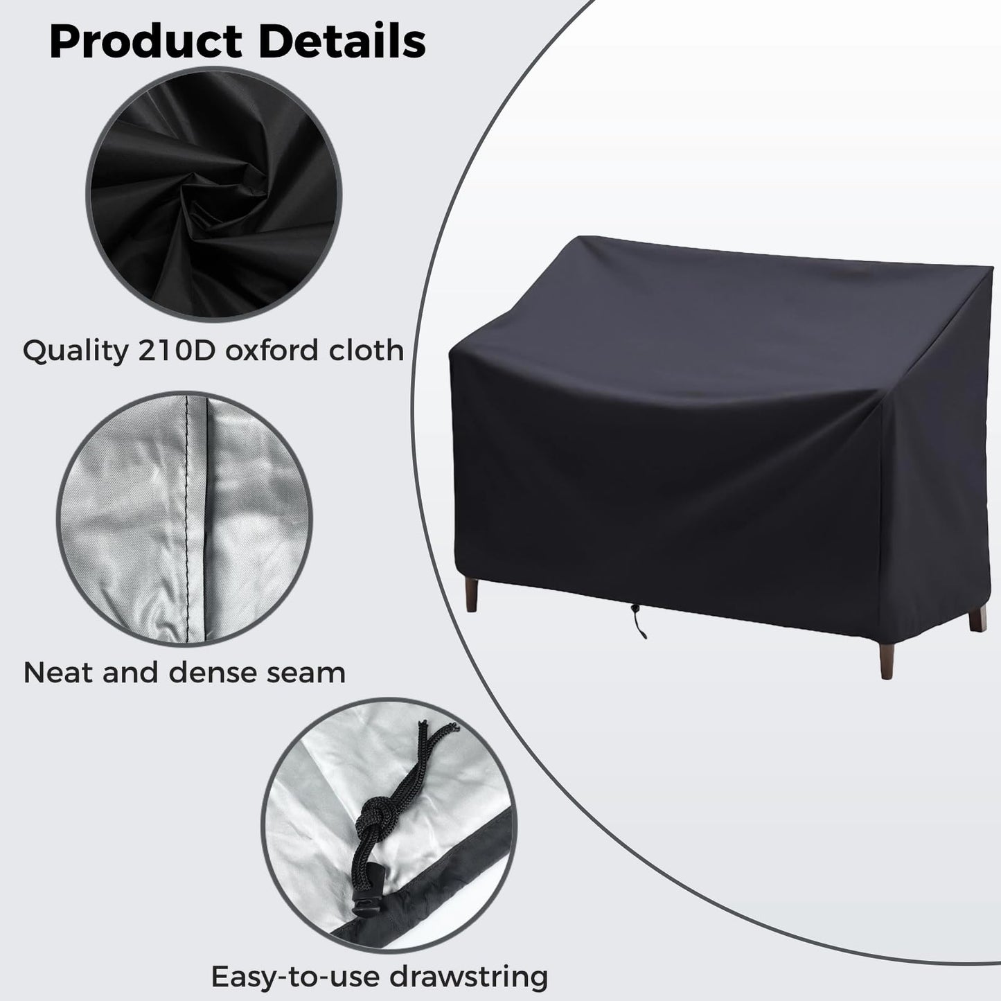 Outdoor Bench Cover, 2 Seater Patio Bench Cover, Waterproof Heavy Duty Furniture Cover with Air Vents, Buckles and Drawcord, All Weather UV Dust Protection for Porch Deck Garden, 53 x 26 x 35 in