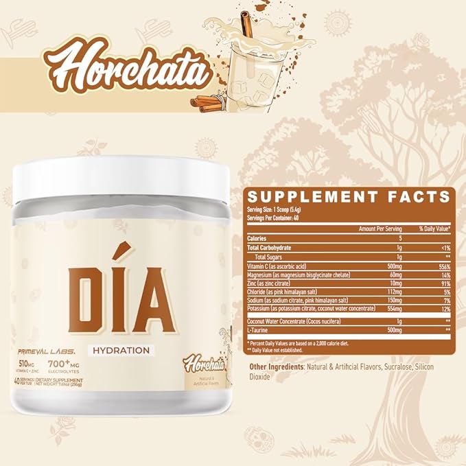Primeval Labs Dia Hydration Electrolyte Powder | Vitamin C + Zinc, Taurine & Electrolytes | Low Sugar Daily Hydration Drink | 40 Serving Tubs | Horchata