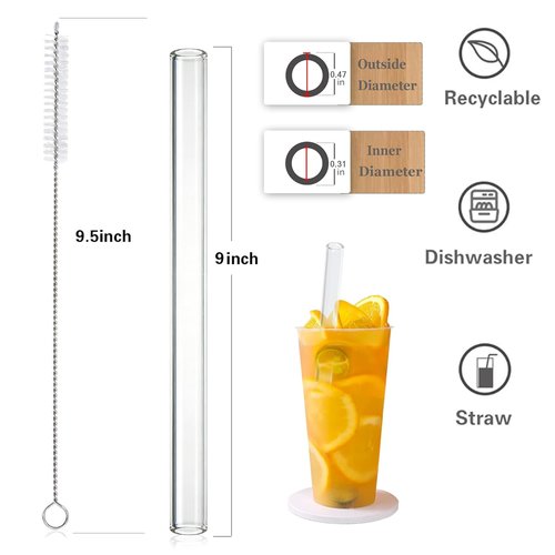 6 Pack Reusable Glass Straws set,Set of 5 Jumbo Smoothie Boba Straws with Cleaning Brushes,Clear Glass Drinking Straws,9''x12MM,Perfect for Smoothies, Milkshakes, Juice, Boba Tea