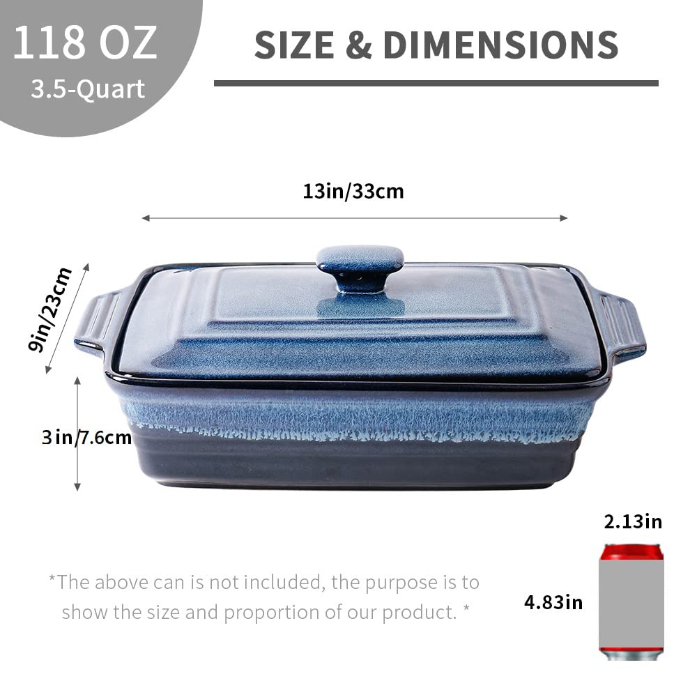 KOOV Ceramic Casserole Dish With Lid, Covered Rectangular Set, Lasagna Pan for Cooking, Baking Dish for Dinner, Kitchen, 9 x 13 Inches, Reactive Glaze (Nebula Blue)