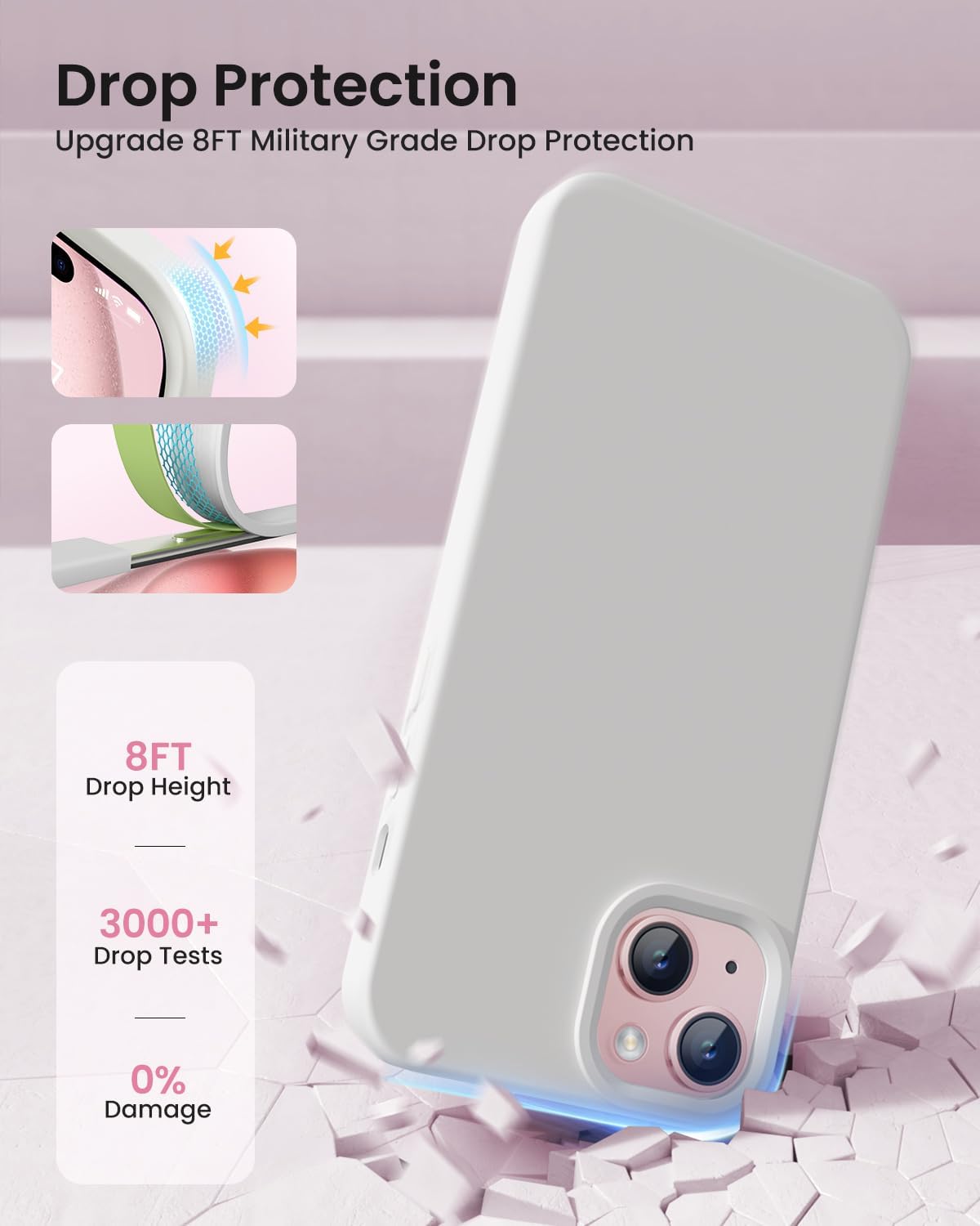 BUYDOT 15 6.1 Inch for iPhone Case Liquid Silicone Slim Shockproof Protective Cover Anti-Scratch Drop Protection,White