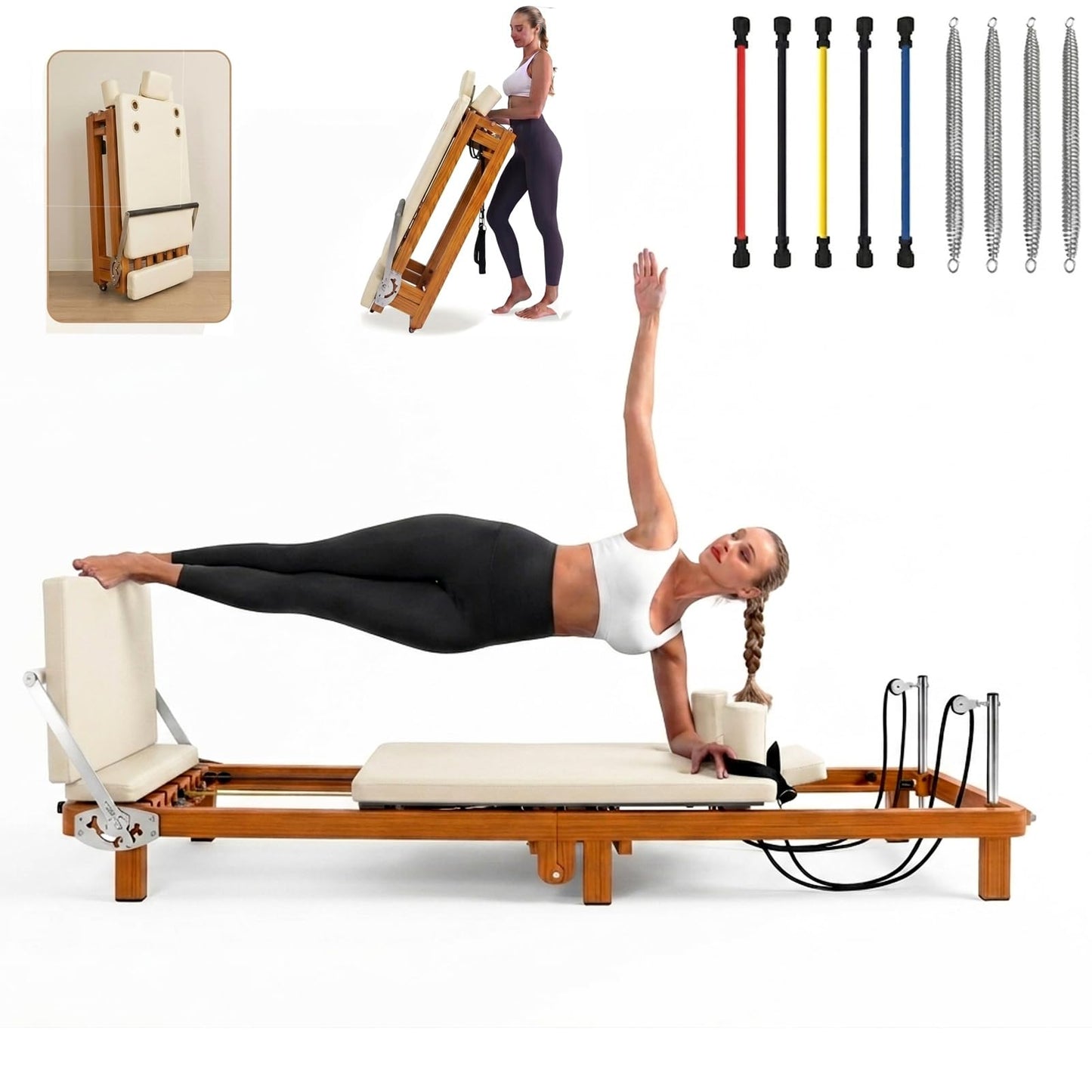 88" Foldable Pilates Reformer, Adjustable Footbar, Walnut Wood Grain Metal Frame, Dual Spring & Latex Resistance, Jump Board & Headrest, Space-Saving Home Gym, Ideal
