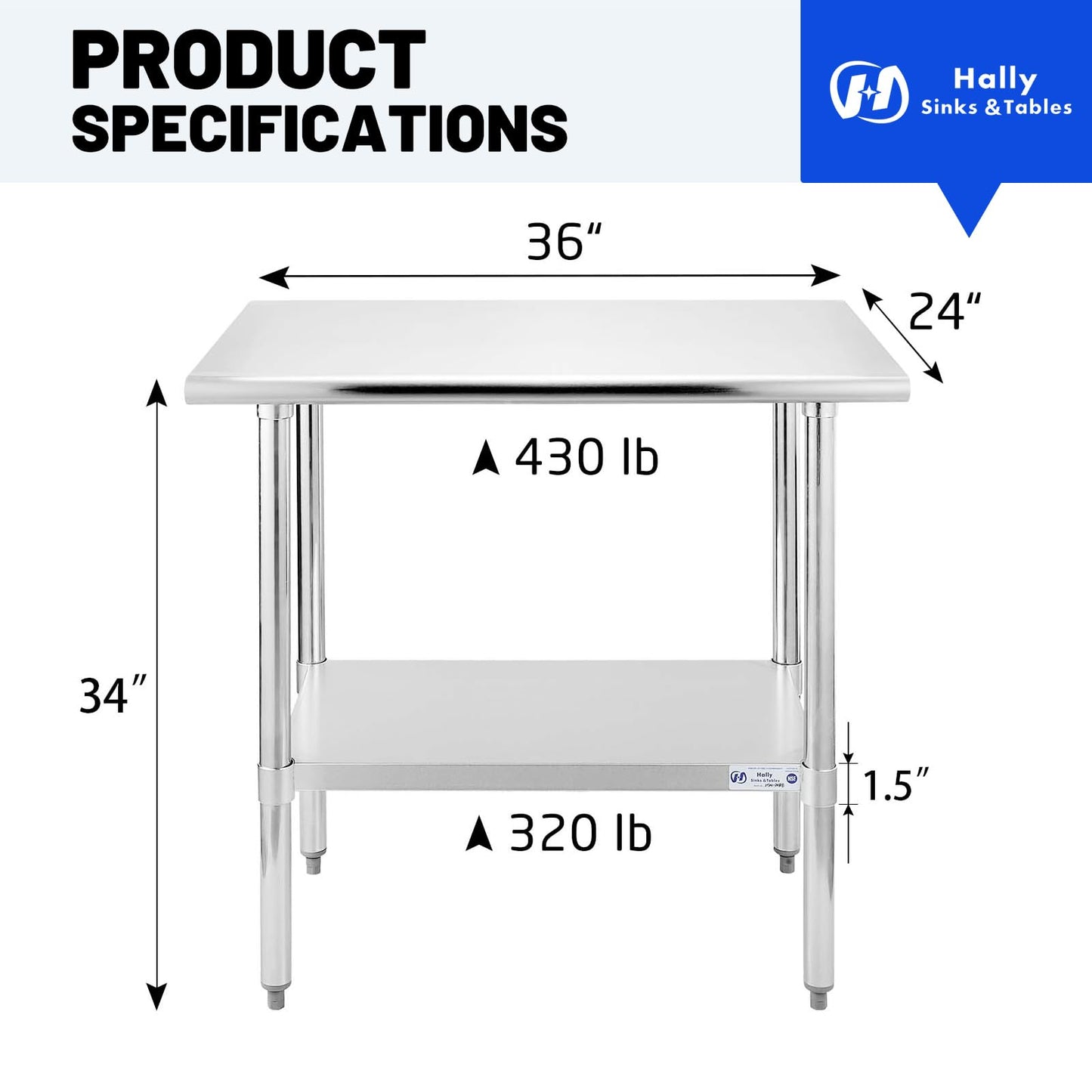 Hally Stainless Steel Table for Prep & Work 24 x 36 Inches, NSF Commercial Heavy Duty Table with Undershelf and Galvanized Legs for Restaurant, Home and Hotel