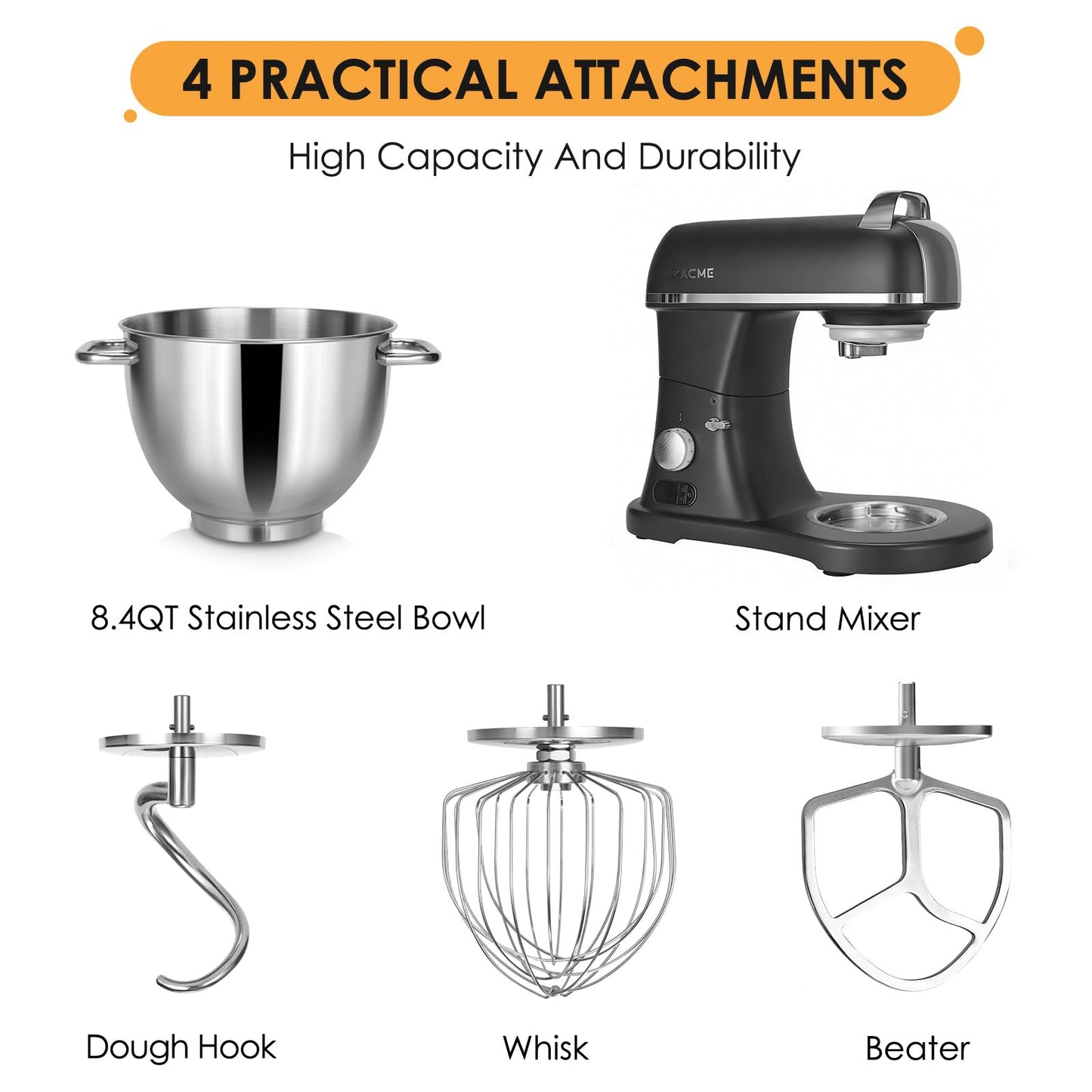 8.4QT Commercial Stand Mixer 800W with Aluminum Die Casting Meets the Standard of NSF/ANSI 8-2023, Mixers Kitchen Electric Stand Mixer with Stainless Steel 8L Bowl, Dough Hook, Whisk and Beater, Black