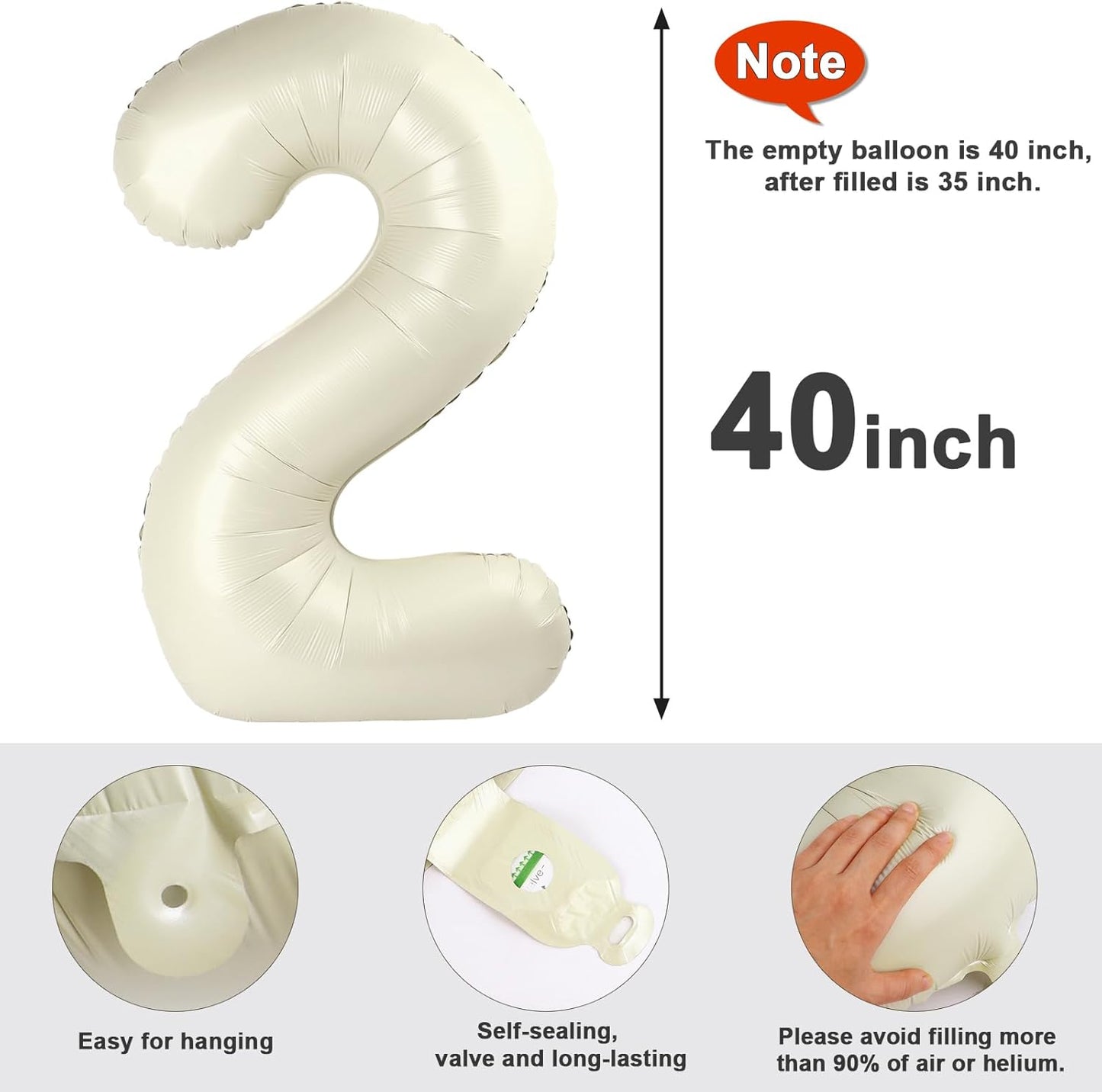 Skiennix 40-Inch Cream White Number Balloons - Perfect for 2nd, 12th, 21st Birthday Celebrations & Weddings