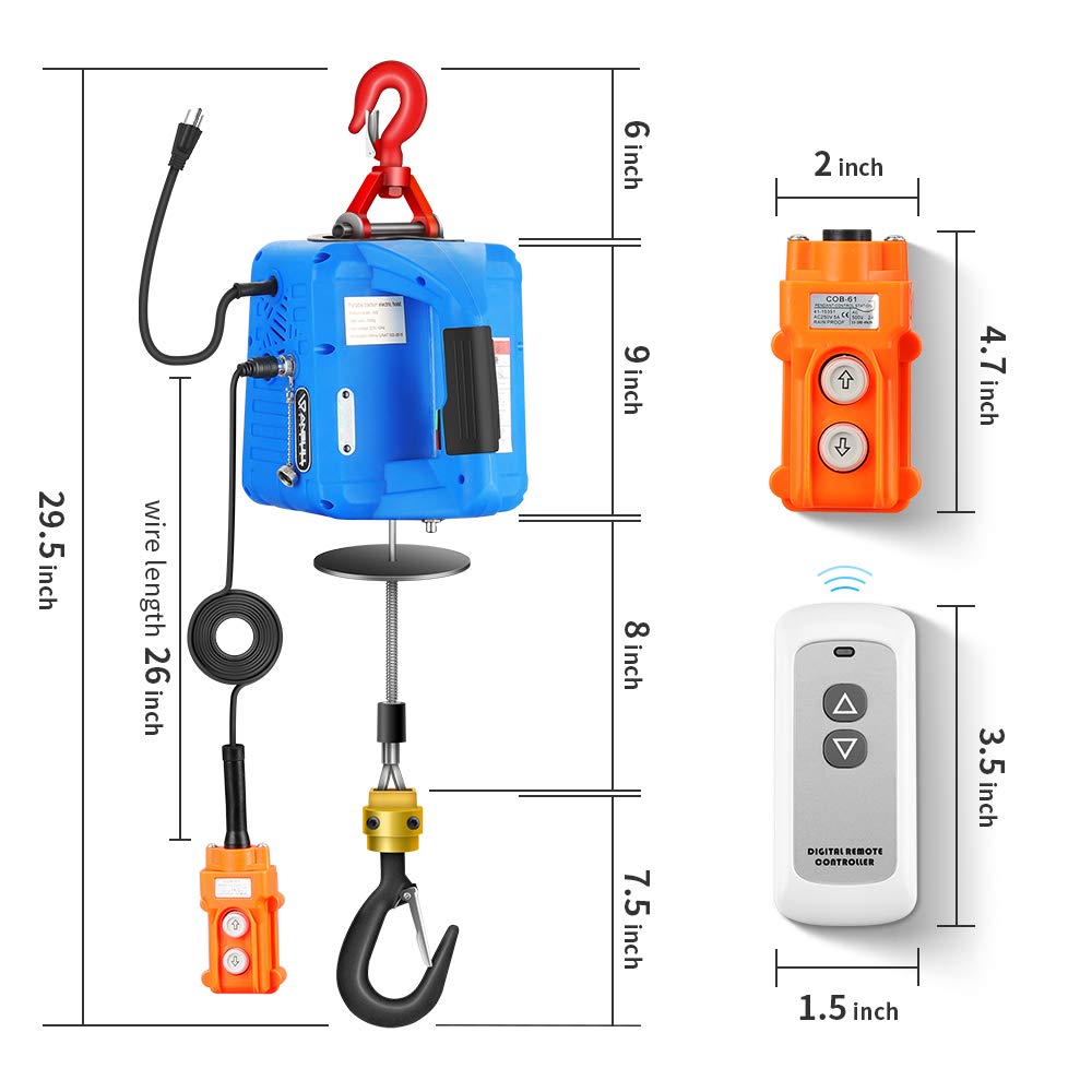 ANBULL Upgraded 3 in 1 Electric Hoist Winch 1100LBS, 1500W 110V Electric Winch with Wired and Wireless Remote Control, 25ft Lifting Height,Manganese Steel Gear,Galvanized Anti-Rotation Steel Rope
