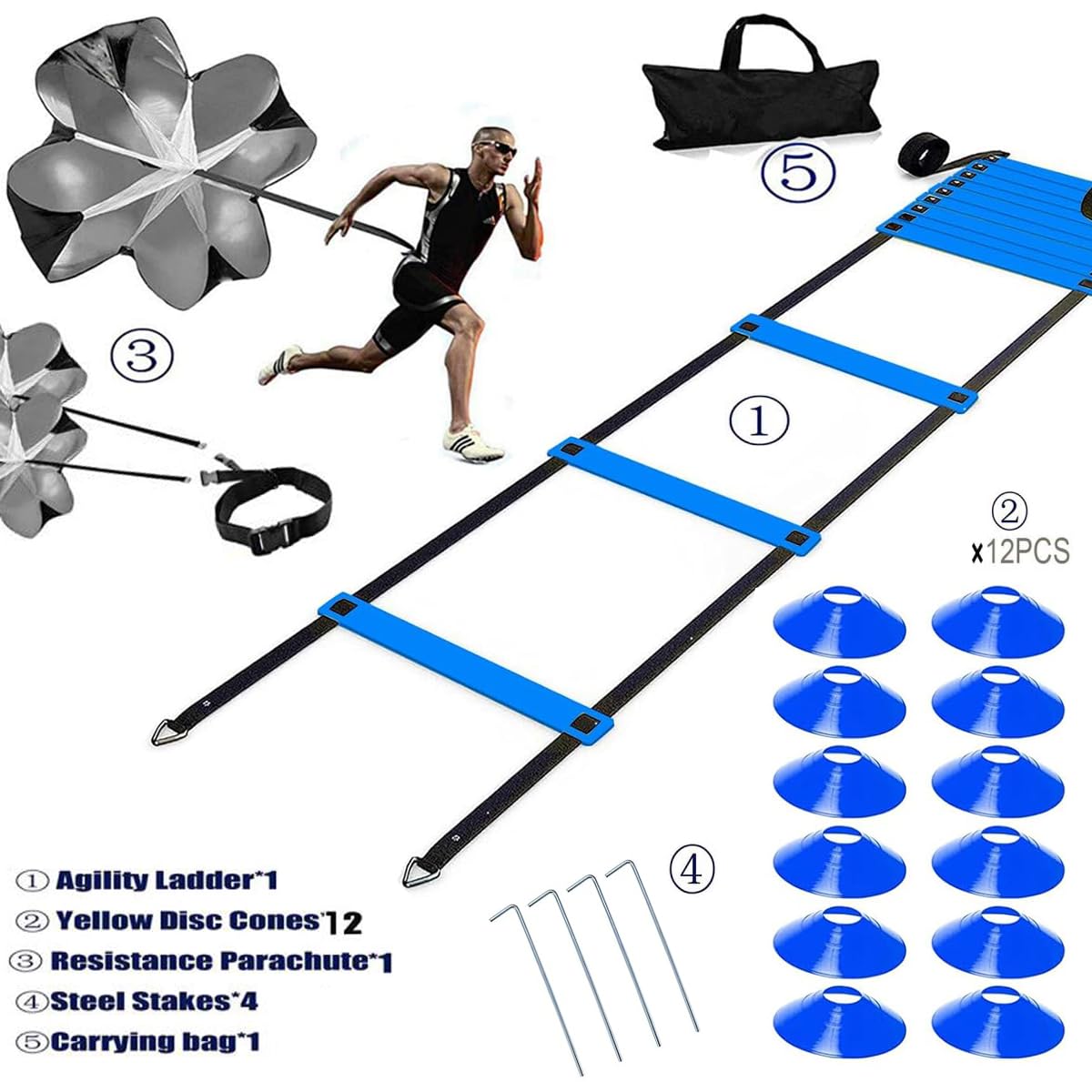 XINXIANG 20ft Sports Agility Ladder, Agility Training Equipment for Football, Exercise, Tennis, Legs Workout with Speed Parachute, Cones and Carry Bag