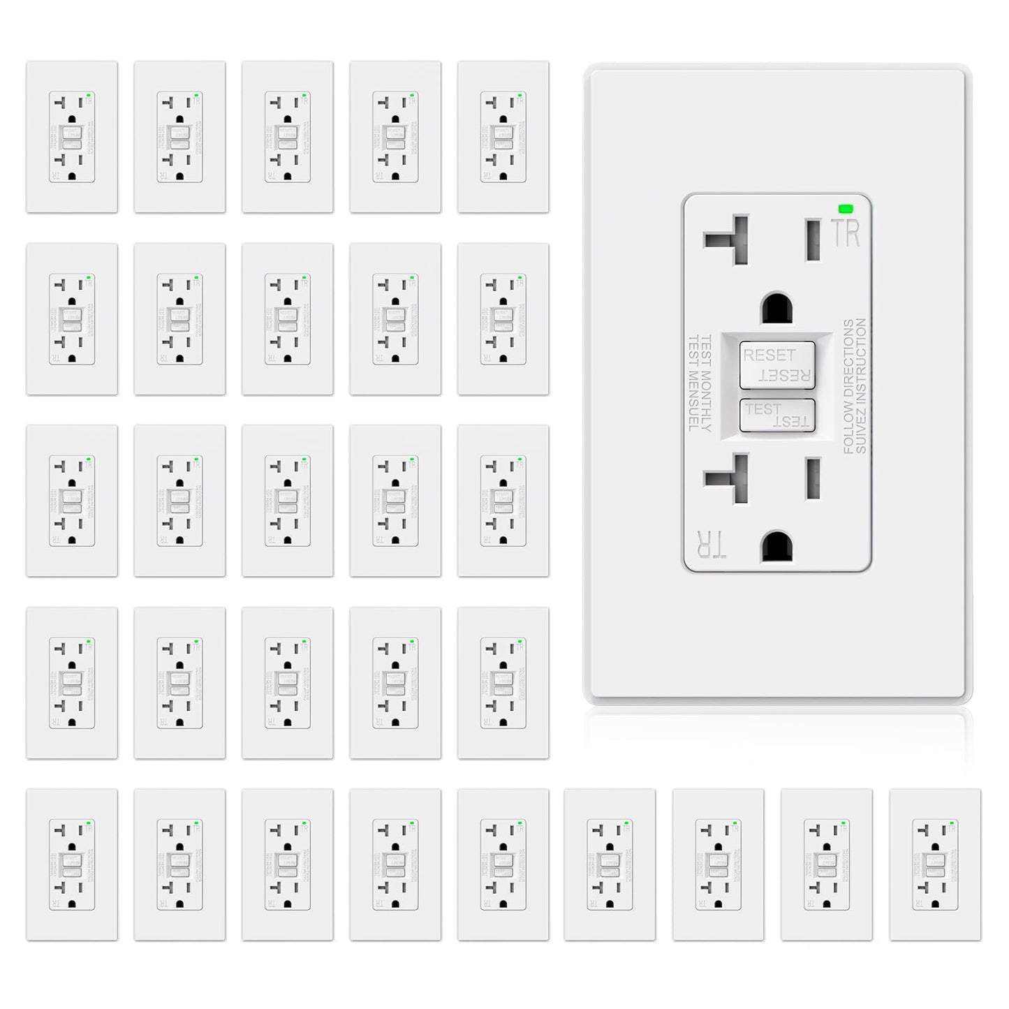 ELEGRP GFCI Outlet 20 Amp, Self-Test GFI Electrical Outlet with Thinner Design, TR Tamper Resistant GFCI Receptacle, Ground Fault Circuit Interrupters with Wall Plate, UL Listed, Matte White, 30 Pack