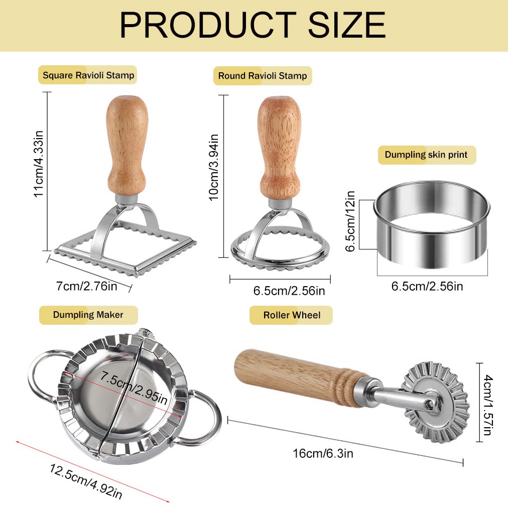 Ravioli Pasta Cutter Wheel Set of 5, Ravioli Makers with Roller Ravioli Stamp Cutter Set with Wooden Handle, Pasta Press Wheel Pasta Maker Tools For Pasta Making Dumplings, Pierogi (Silver)