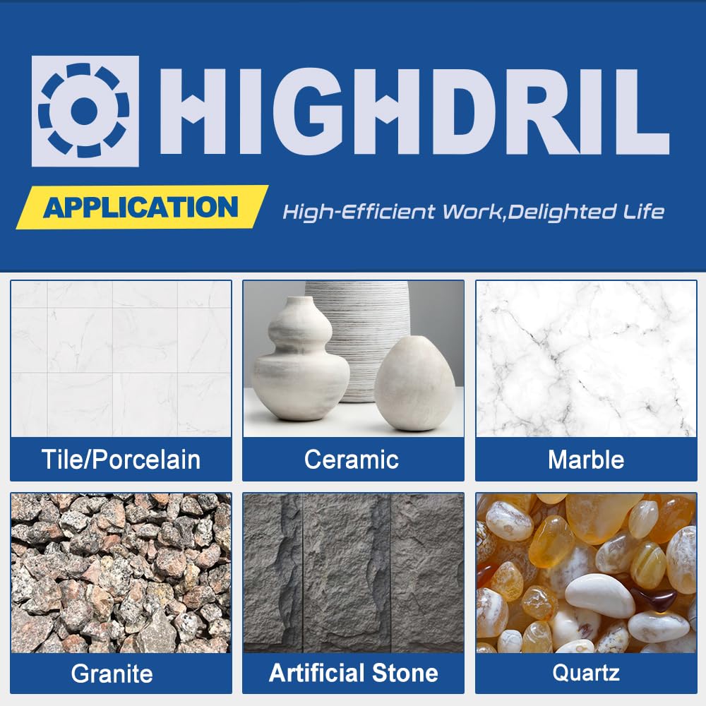 HIGHDRIL Diamond Drill Bits Kit with 5/8-11 for Porcelain Tile Ceramic Marble Brick Concrete Vacuum Brazed Hole Saw(6/8/10/20/35/50/65/100mm+50mm Chamfer Bit+20mm Finger Bit+Adapter)