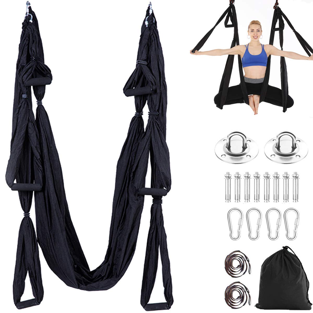 Aerial Yoga Swing Set Trapeze Hammock Kit Ultra Strong Antigravity Flying Sling Inversion Swing Tool Set for Air Yoga Inversion Fitness (Black)