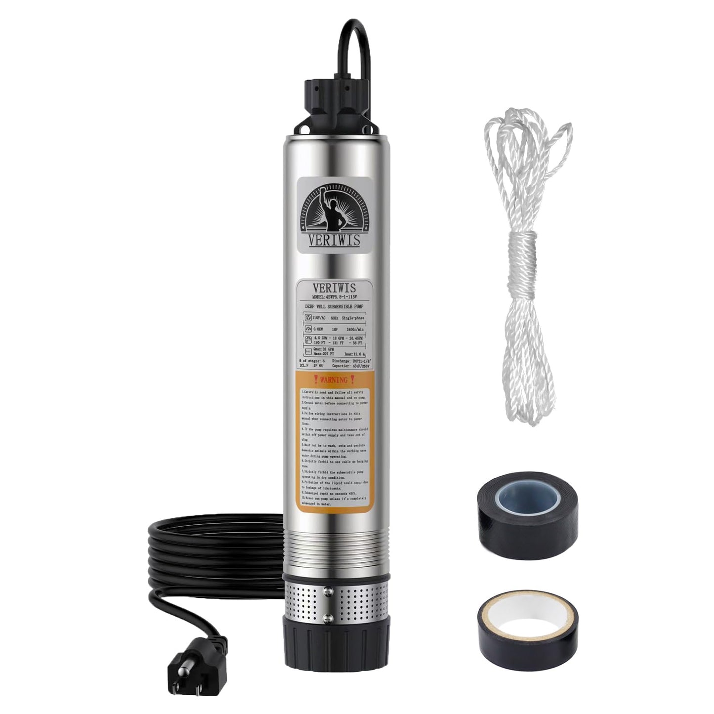 VERIWIS Septic Tank Pump 4" Submersible Effluent Cistern Deep Well Pump with Clog-Resistant Bottom Suction 33FT UL Cord Stainless Steel for Irrigation 32GPM 174FT Head 3/4HP 115V(3-Year Warranty)