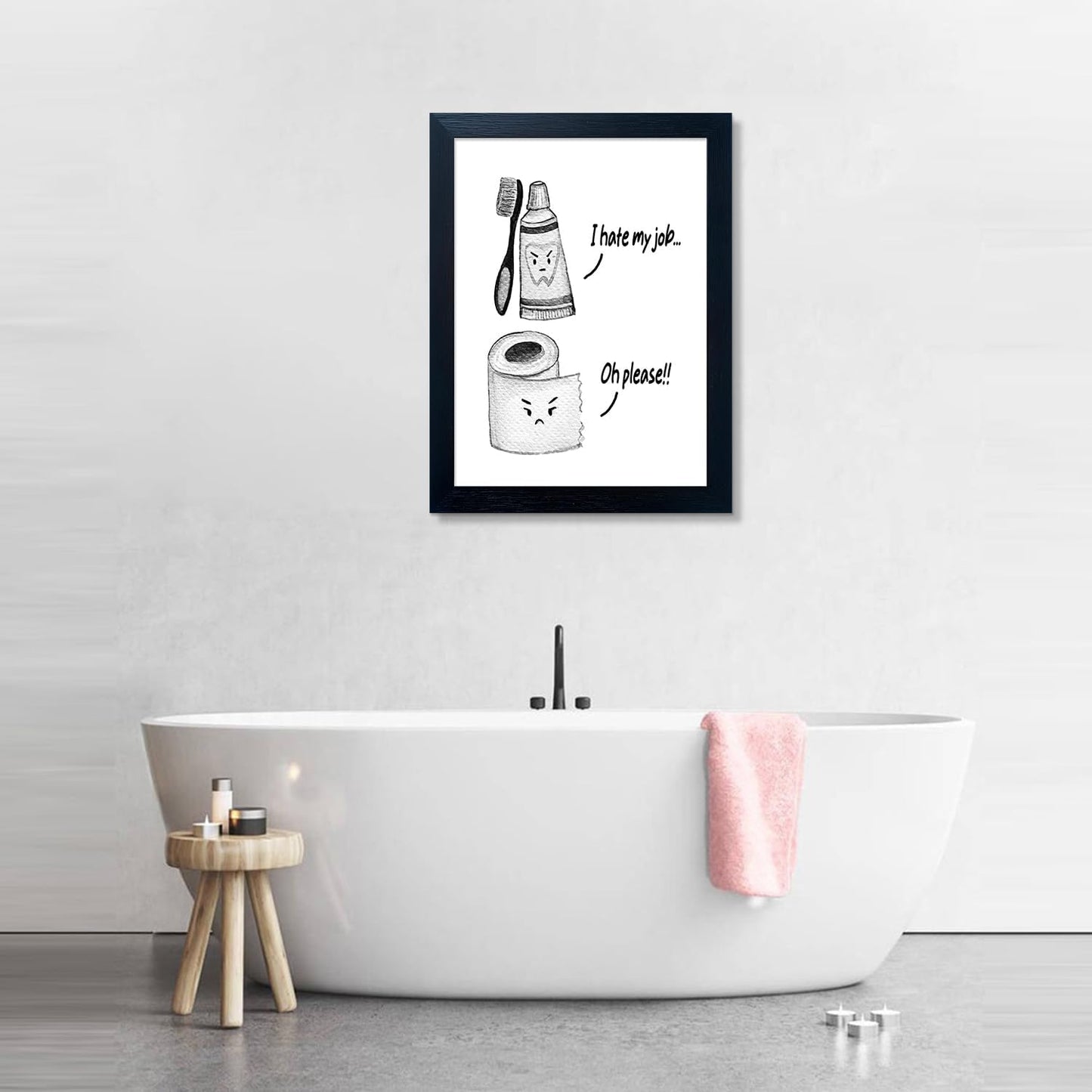 Skiennix Kids Bathroom Decor - Cute Framed Canvas Print with Funny Artwork | Modern Black and White Design