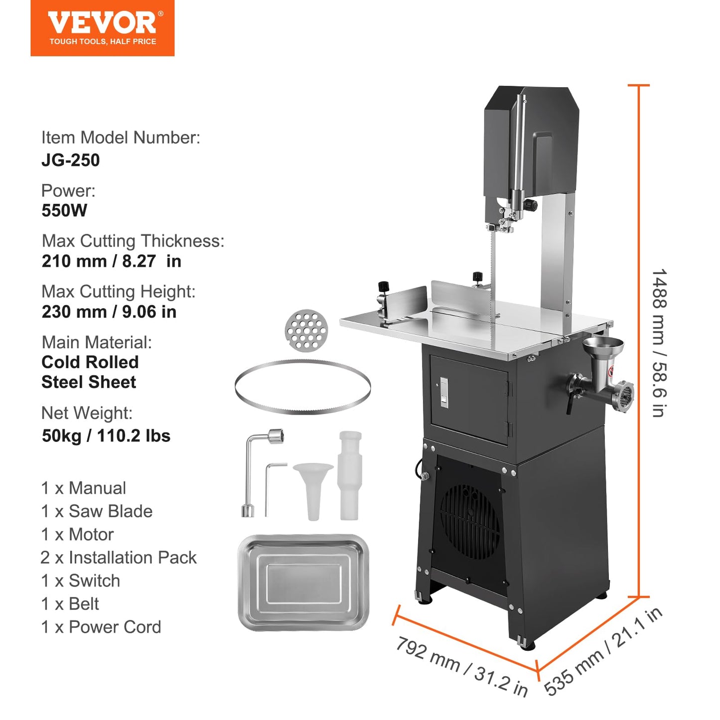 VEVOR Commercial Electric Meat Bandsaw, 550W Stainless Steel Vertical Bone Sawing Machine, 19.1"x15" Workbench, 7.09 Inch Cutting Thickness, Frozen Meat Cutter with Blade for Rib Pork Beef