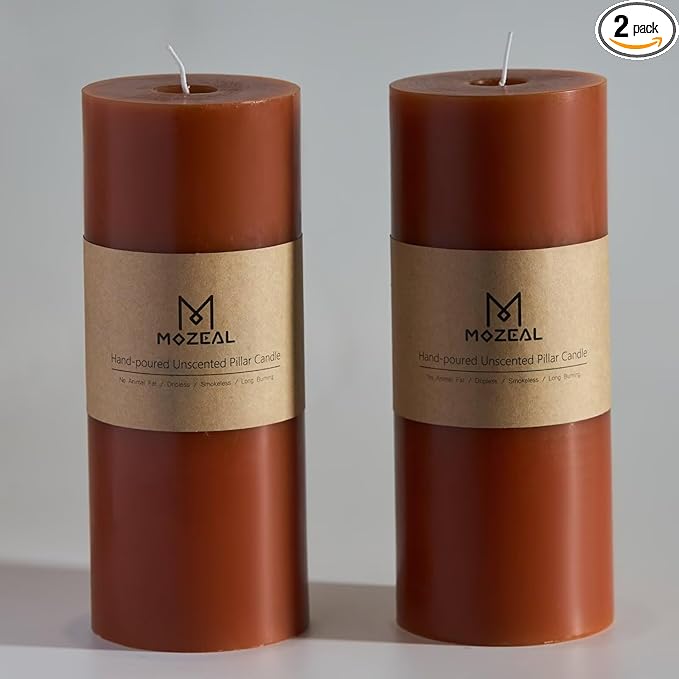 MOZEAL 4" x 10" Extra-Large Burnt Orange Pillar Candles (Set of 2), Unscented, Dripless, Smokeless, Long Clean-Burning, Tall 10 inch Large Burnt Orange Pillar Candles for Fall and Thanksgiving Decor