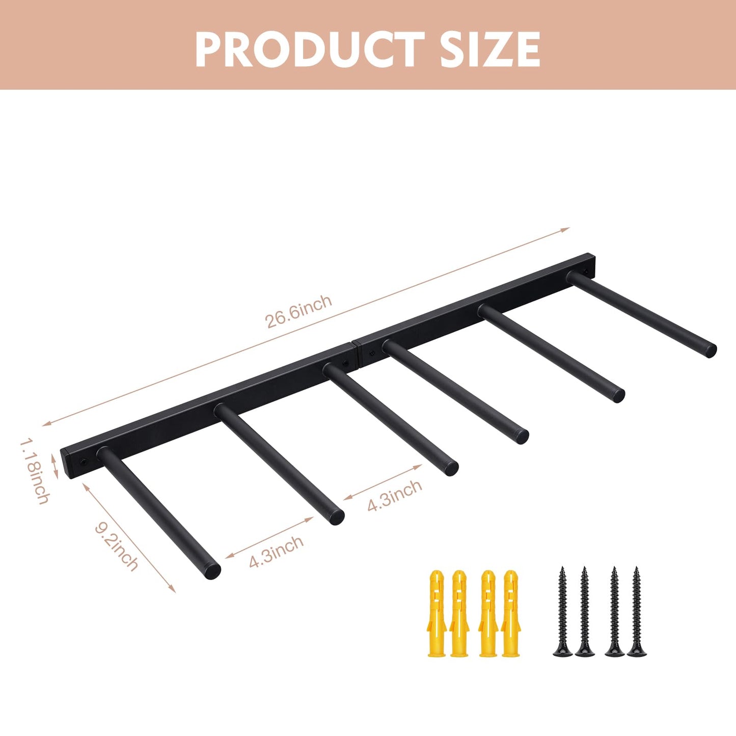 YOVXKAN Wall Mounted Jump Rope Rack - 6 Peg Heavy-Duty Metal Gym Organizer for Resistance Bands, Hoops, and Ropes - Black Finish - Home/Gym Storage