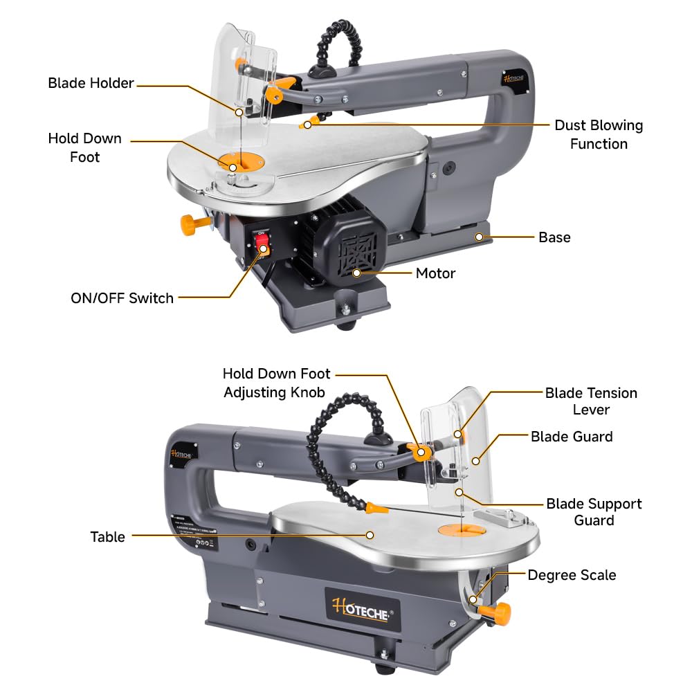 Hoteche 16-inch Power Scroll Saw for Woodworking with Large Tilting Working Table and Integrated Dust Port, Professional Woodworking Tool for Detailed Cutting, Fretwork, Crafting