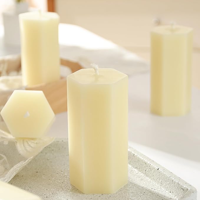 4PCS Hexagon Beeswax Pillar Candles,Large Handmade Pure Beeswax Candle,Unscented Smokelessï¼? * 4",18H, White