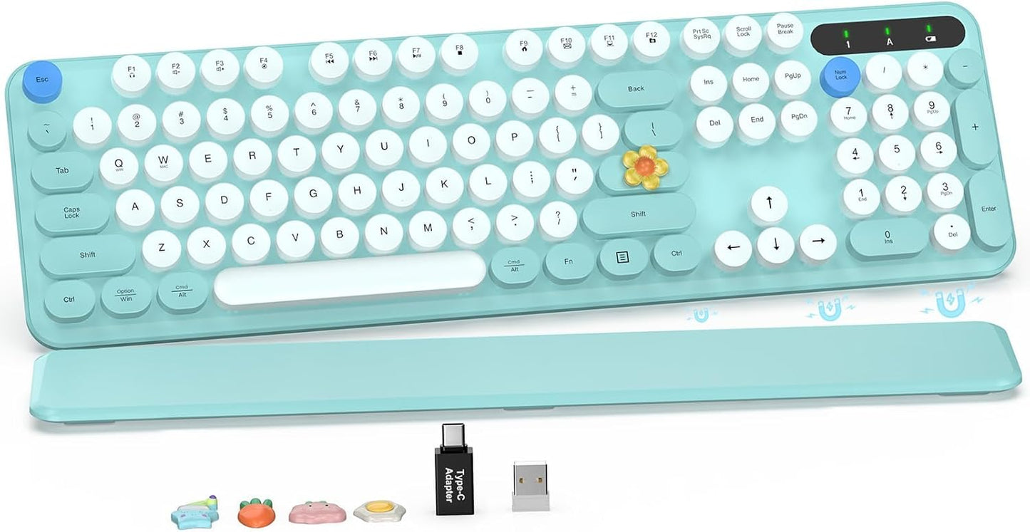 SABLUTE 2.4GHz Wireless Keyboard, Round Keycaps, Retro Typewriter Keyboard with Detachable Wrist Rest, Sleep Mode