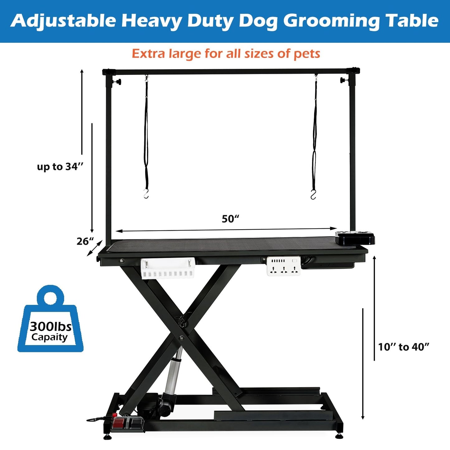 PeacefulHues 50" Electric Hydraulic Dog Grooming Table, Heavy Duty Grooming Table with Aluminium Overhead Arm, Anti Slip Tabletop, 6 USB Ports for Home and Salon, Maximum Capacity Up to 300Lb, Black