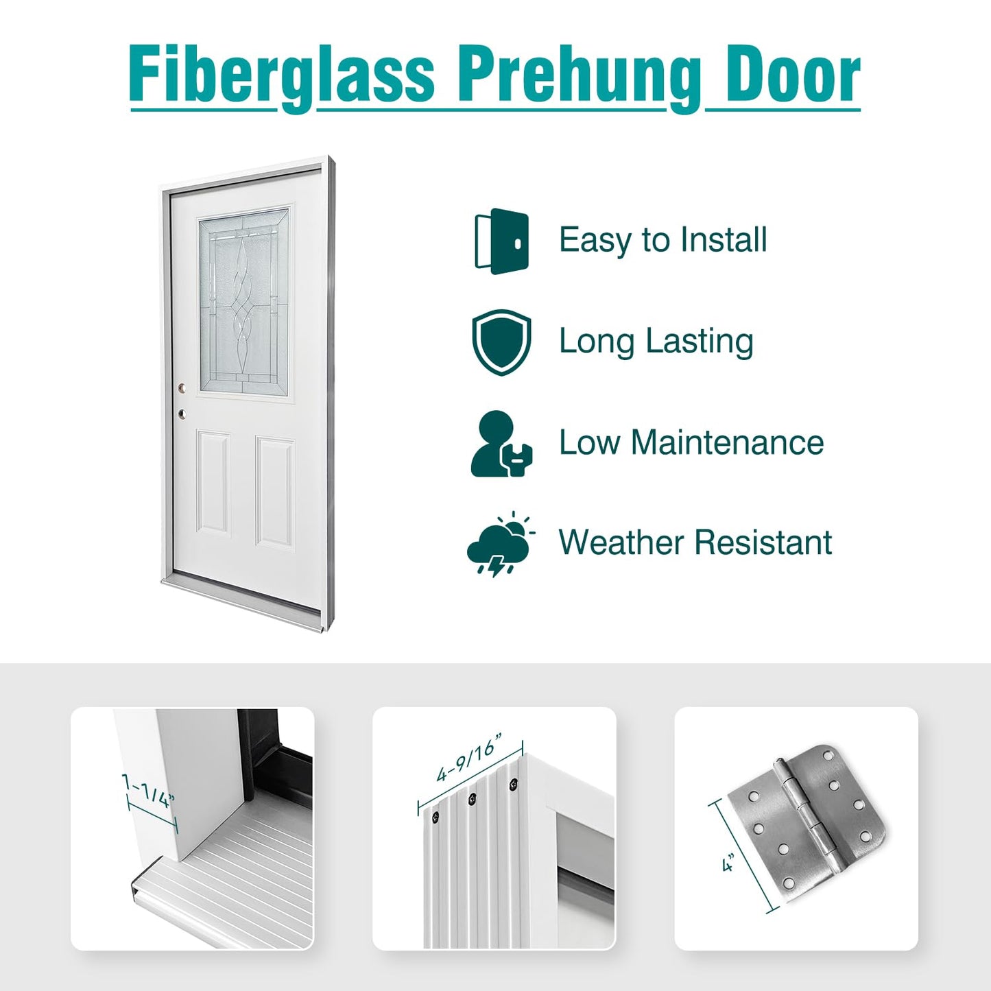 36x80 Fiberglass Prehung Exterior Door, Half Lite 2-Panel Frosted Glass Front Entry Door with Brickmould, White Primed (Right Hand Inswing)