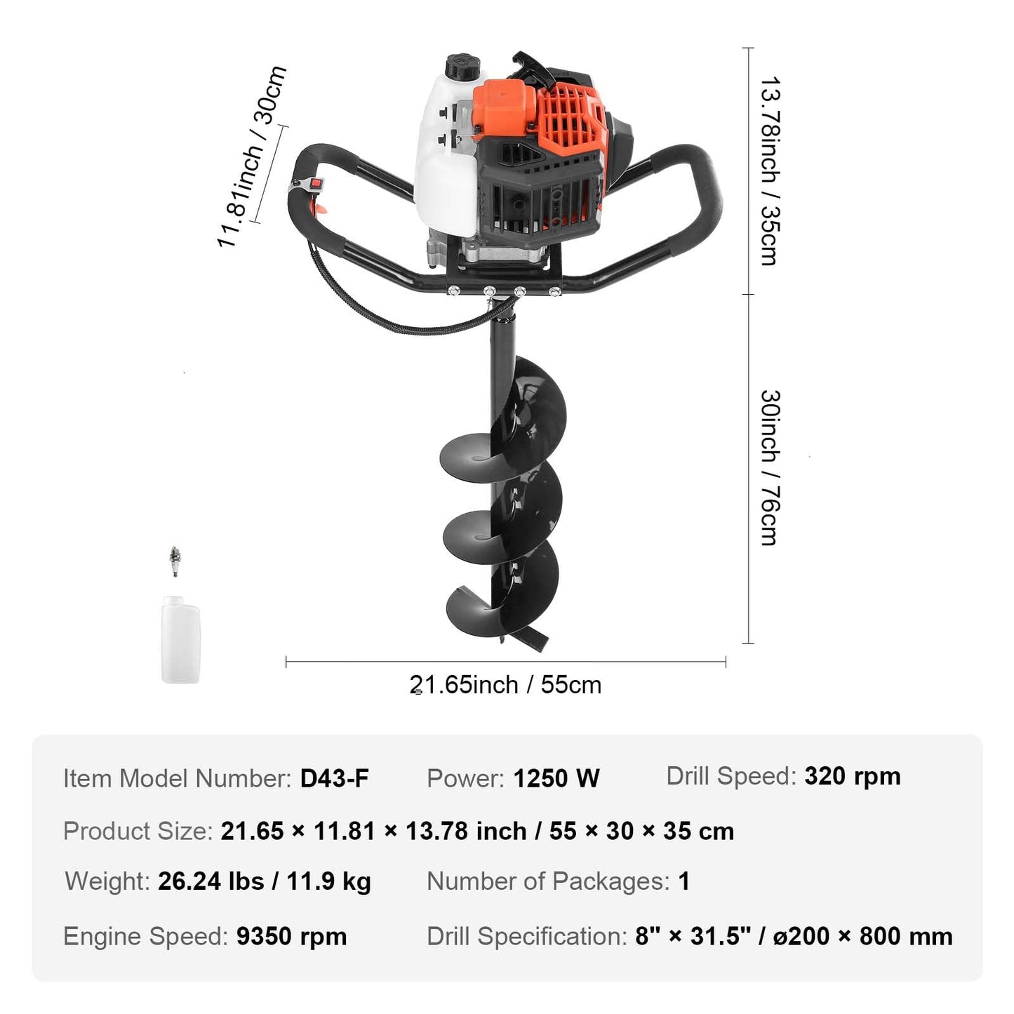 VEVOR Post Hole Digger, 43cc 1250W Auger Post Hole Digger, Gas Powered Earth Digger with 8" Earth Auger Drill Bit, 30 inch Long Alloy Steel Auger, for Farmland, Garden and Plant, EPA Certification