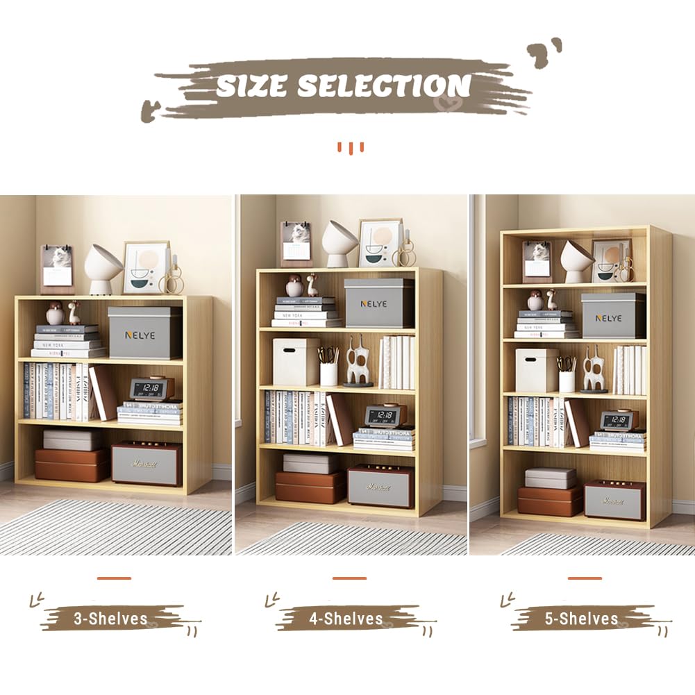 NELYE Basic Open Shelf Bookcase - 3-Tier Wooden Cube Storage Shelves Split Bookshelf, Oak