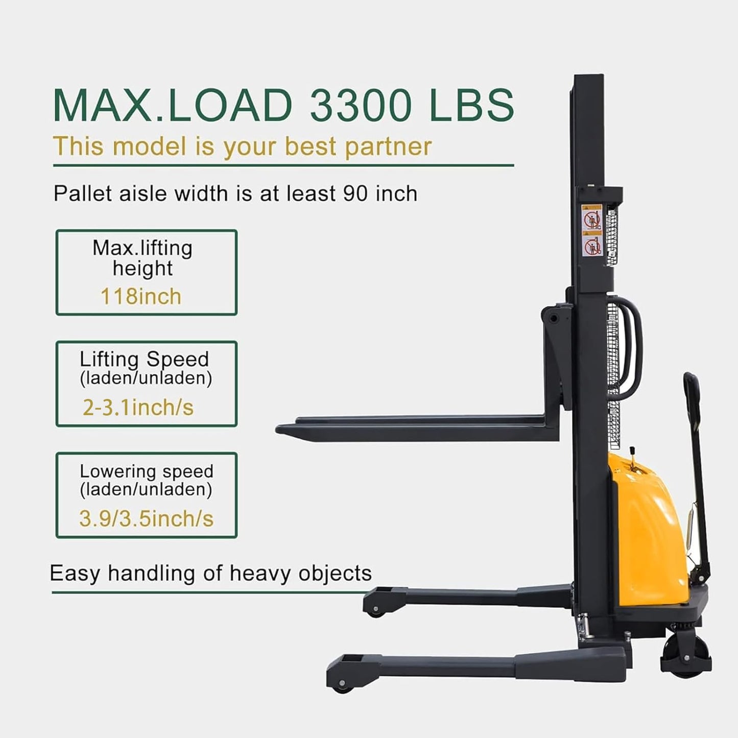 Tory Carrier Semi-Electric Stacker, 3300lbs Load Capacity, 118" Max. Lifting Height Pallet Lift Forklift with Straddle Legs and Forks Material Lifter Adaptable for Most Pallets