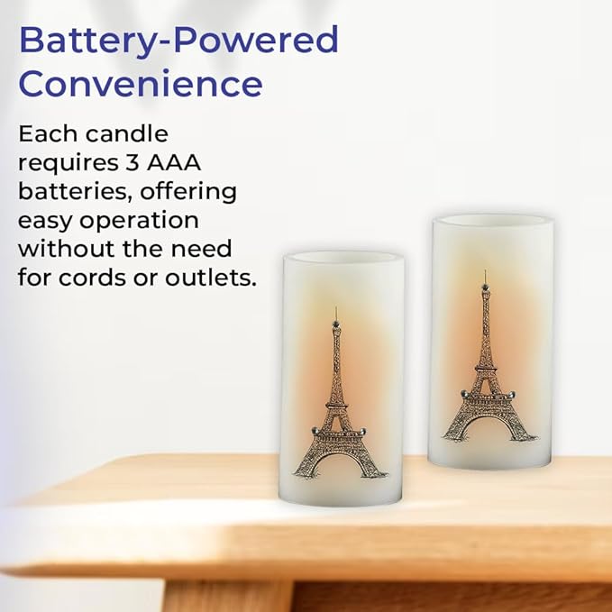 SAGEFINDS Eiffel Tower LED Candles, Set of 2, Flameless Real Wax Pillar Candles, Battery Operated, 6” x 3”