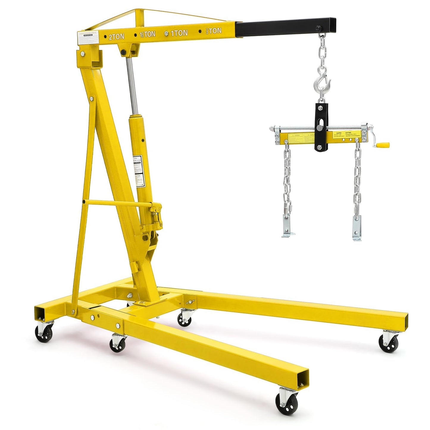 2 Ton Folding Hydraulic Engine Hoist with Load Leveler 4400 LBS Capacity Heavy Duty Cherry Picker 6 Swivel Wheels&Hydraulic Pump Adjustable Boom (0.5T-2T) for Garage Workshop Warehouse Yellow