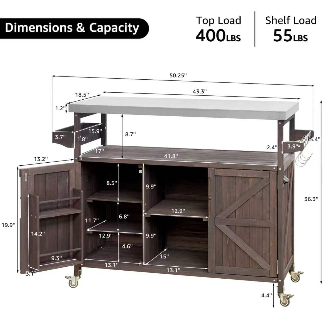 50" Outdoor Grill Cart with Storage Cabinet, Solid Fir Wood BBQ Prep Table with Stainless Steel Top, Rolling Outdoor Serving Cart with Lockable Wheels, Spice Rack & Hooks for Patio, Brown