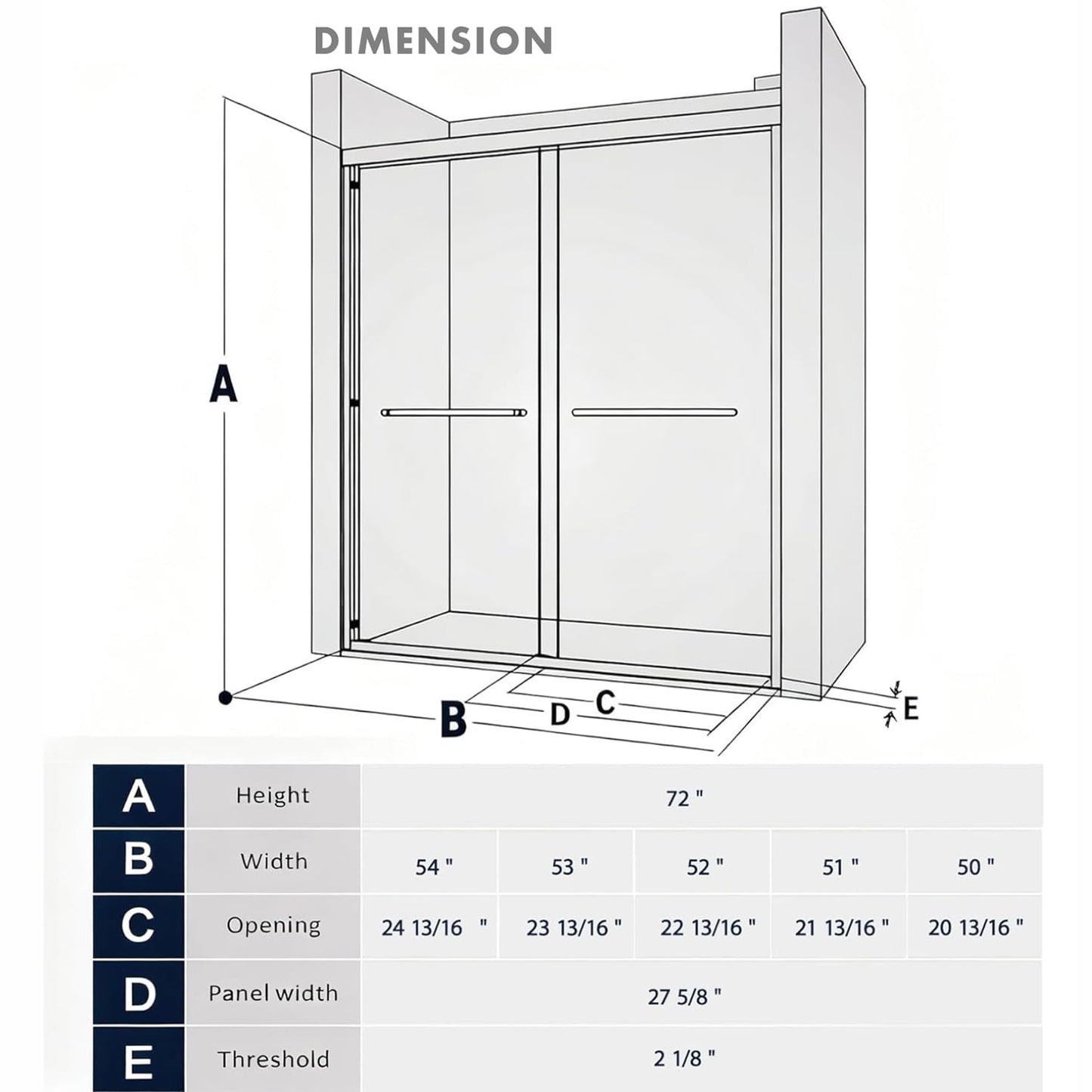 50''-54" W×72" H Black Shower Doors Glass Sliding 54 Inches,Semi Frameless Bathroom Sliding Glass Shower Door,Walk in Shower with 1/4" (6mm) Clear SGCC Tempered Glass