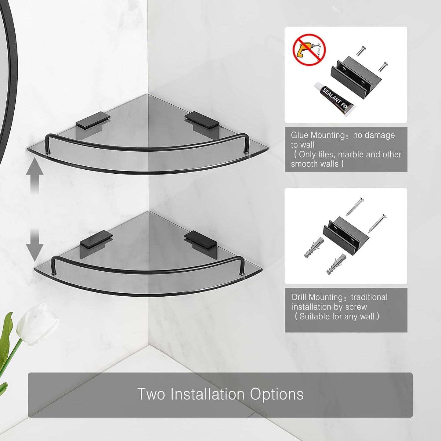 2 Pack Voldra Glass Corner Shower Caddy, Adhesive Corner Shower Shelves for Inside Shower No Drilling, Tempered Glass