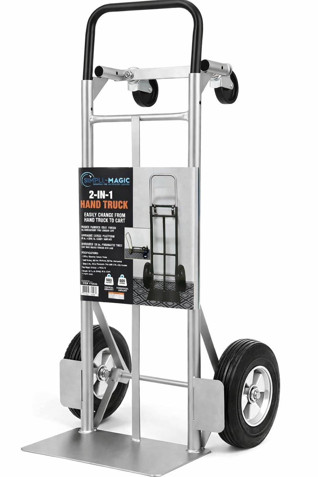 SIMPLI-Magic 2-in-1 Convertible Hand Truck & Dolly - 800 lb Capacity Heavy Duty Folding Platform Cart with Rubber Wheels for Moving Boxes, Furniture & Appliances