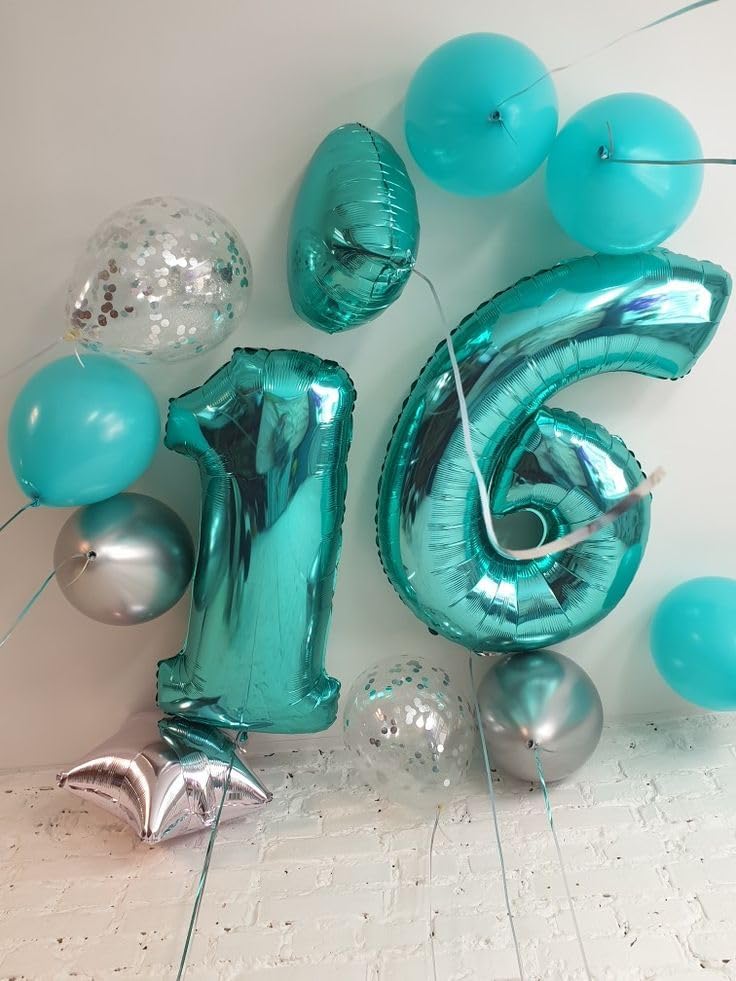 Number Balloons - 40 Inch Blue-Green Birthday Decorations for 1st, 11th, and 21st Celebrations